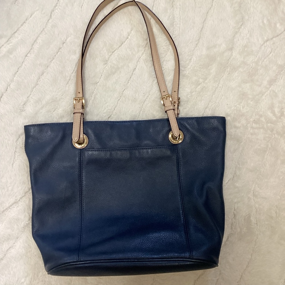 Michael Kors Navy Leather Tote with Tan Straps and Gold Charm - Picture 5 of 11